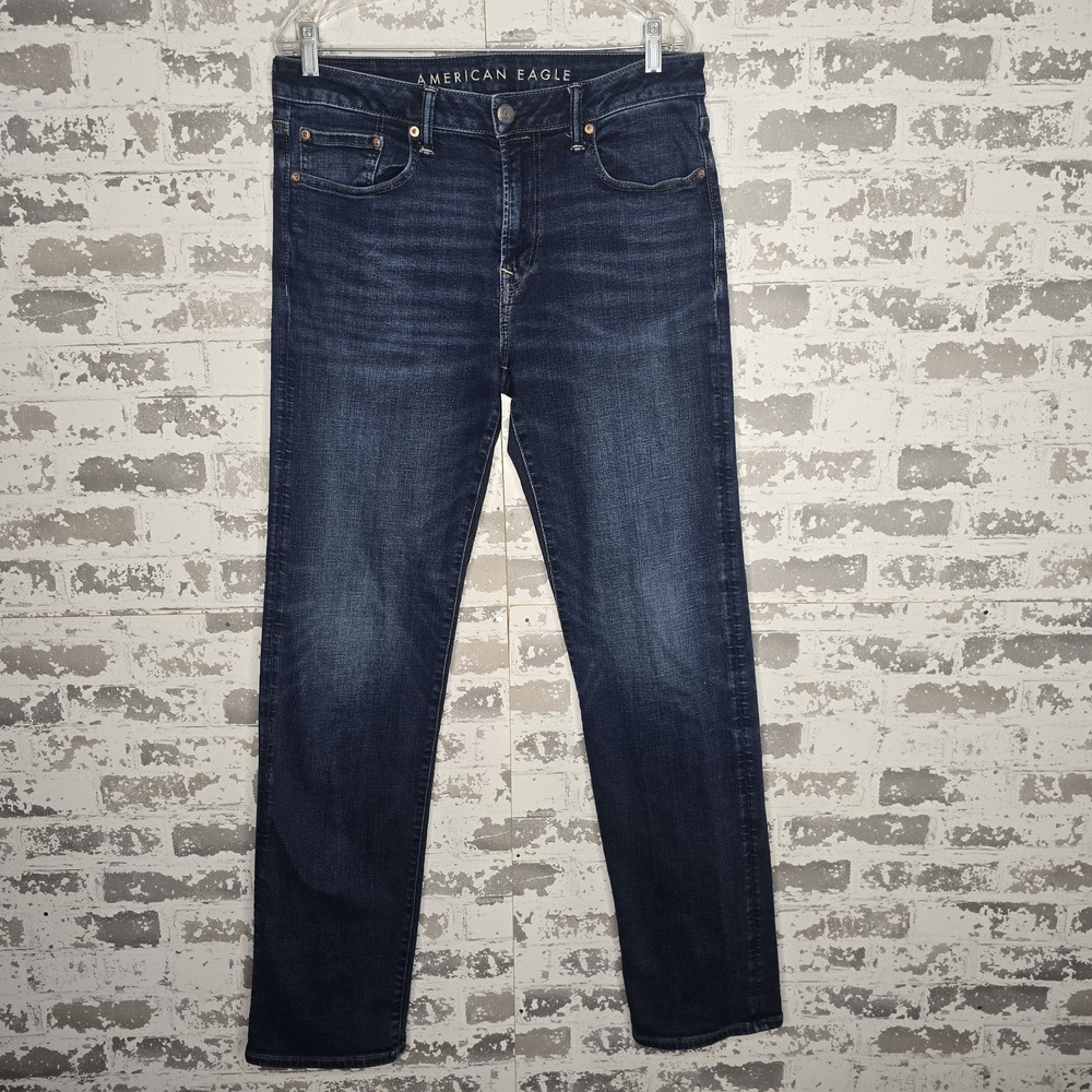 American Eagle Jeans Mens 32x35 Dark Blue Wash Whiskered Denim Relaxed Straight